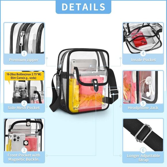 Clear Crossbody Bag for Stadium Events & Concerts - Adjustable Shoulder Strap Pu - Picture 5 of 9